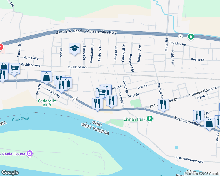 map of restaurants, bars, coffee shops, grocery stores, and more near 1716 Elizabeth Street in Belpre