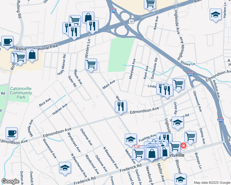map of restaurants, bars, coffee shops, grocery stores, and more near 133 Wesley Avenue in Catonsville