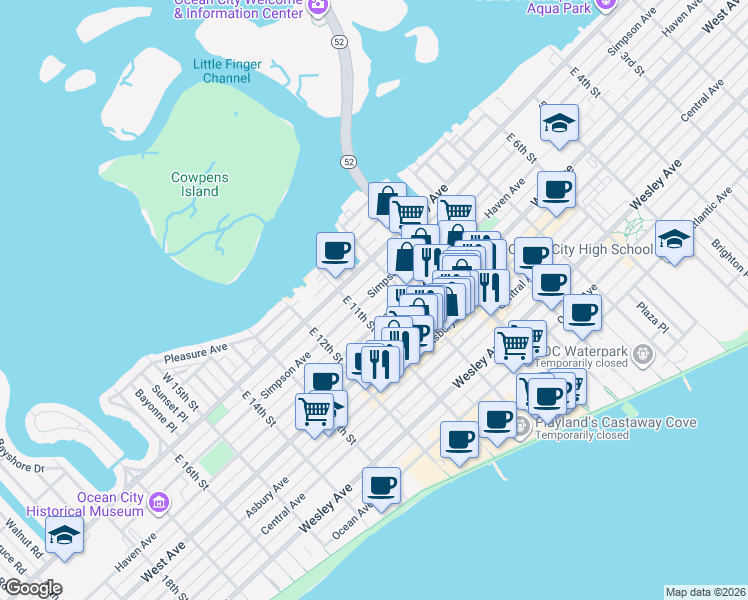 map of restaurants, bars, coffee shops, grocery stores, and more near 1009 Simpson Avenue in Ocean City