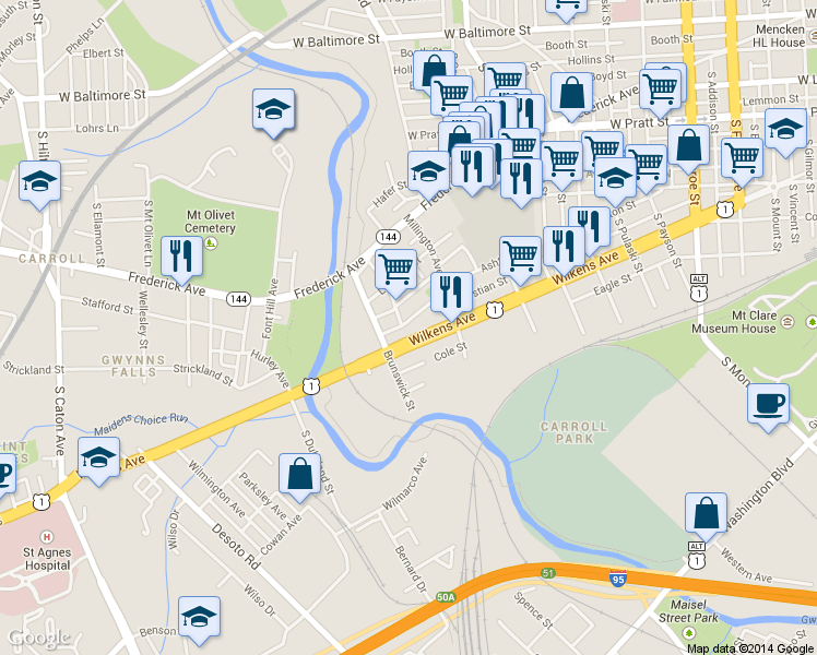 map of restaurants, bars, coffee shops, grocery stores, and more near 2667 St Benedict St in Baltimore