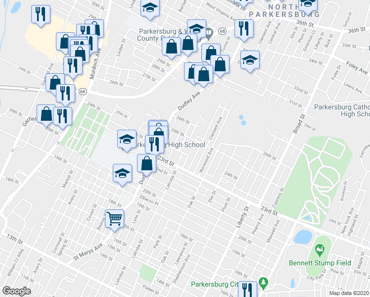 map of restaurants, bars, coffee shops, grocery stores, and more near 1401 24th Street in Parkersburg