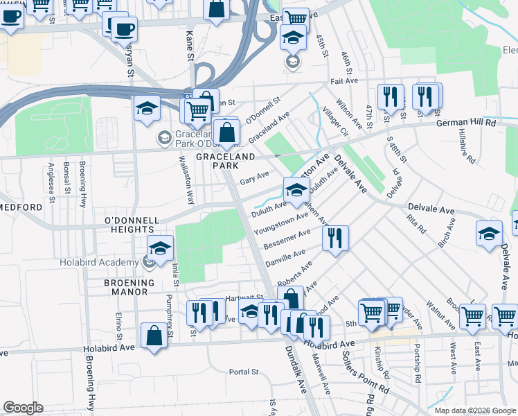 map of restaurants, bars, coffee shops, grocery stores, and more near 6704 Duluth Avenue in Baltimore