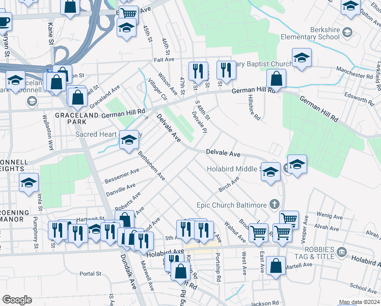 map of restaurants, bars, coffee shops, grocery stores, and more near 6829 Roberts Avenue in Dundalk