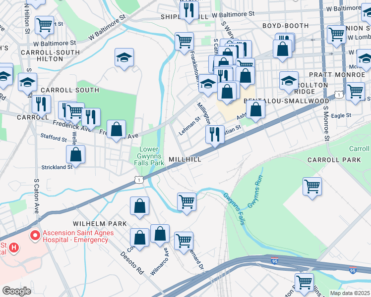 map of restaurants, bars, coffee shops, grocery stores, and more near 2698 Saint Benedict Street in Baltimore