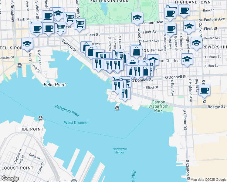 map of restaurants, bars, coffee shops, grocery stores, and more near 1221 Dockside Circle in Baltimore