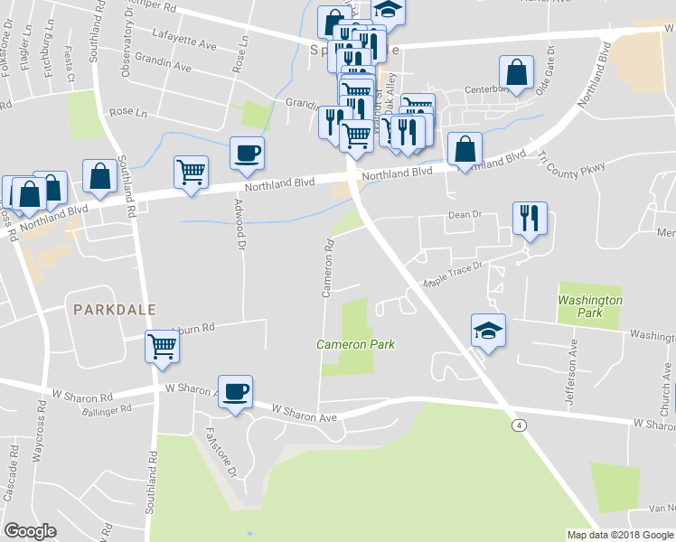 map of restaurants, bars, coffee shops, grocery stores, and more near 329 Cameron Road in Cincinnati