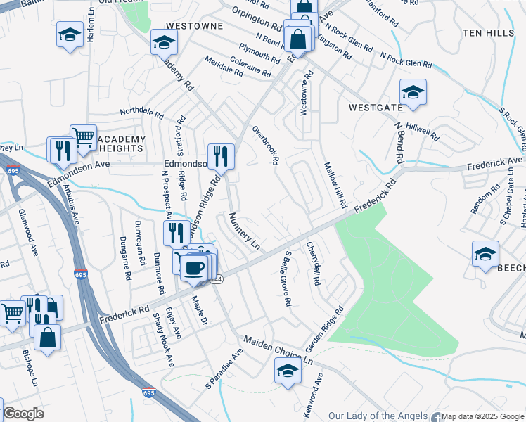 map of restaurants, bars, coffee shops, grocery stores, and more near 35 North Belle Grove Road in Catonsville