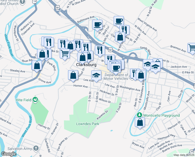 map of restaurants, bars, coffee shops, grocery stores, and more near 423 Washington Avenue in Clarksburg