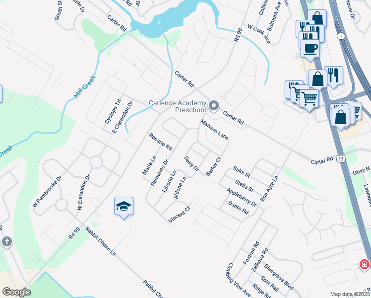 map of restaurants, bars, coffee shops, grocery stores, and more near 600 Dairy Drive in Smyrna