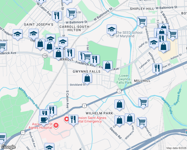 map of restaurants, bars, coffee shops, grocery stores, and more near 3021 Stafford Street in Baltimore