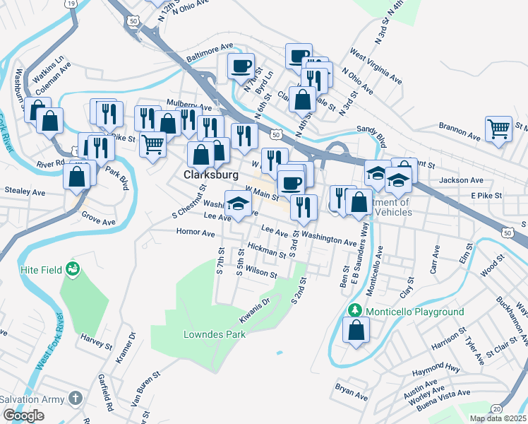 map of restaurants, bars, coffee shops, grocery stores, and more near 360 Washington Avenue in Clarksburg
