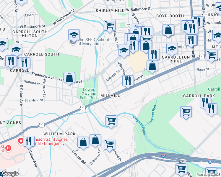 map of restaurants, bars, coffee shops, grocery stores, and more near 2698 Saint Benedict Street in Baltimore