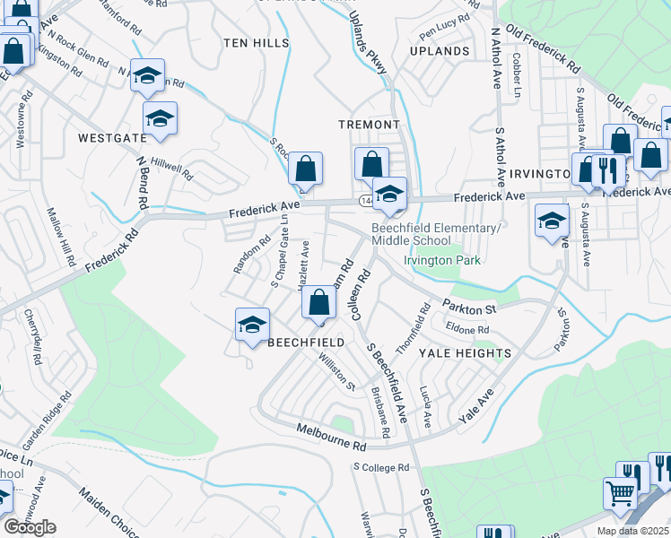 map of restaurants, bars, coffee shops, grocery stores, and more near 4907 Cedar Garden Road in Baltimore