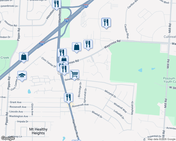 map of restaurants, bars, coffee shops, grocery stores, and more near 2176 Quailhollow Place in Cincinnati