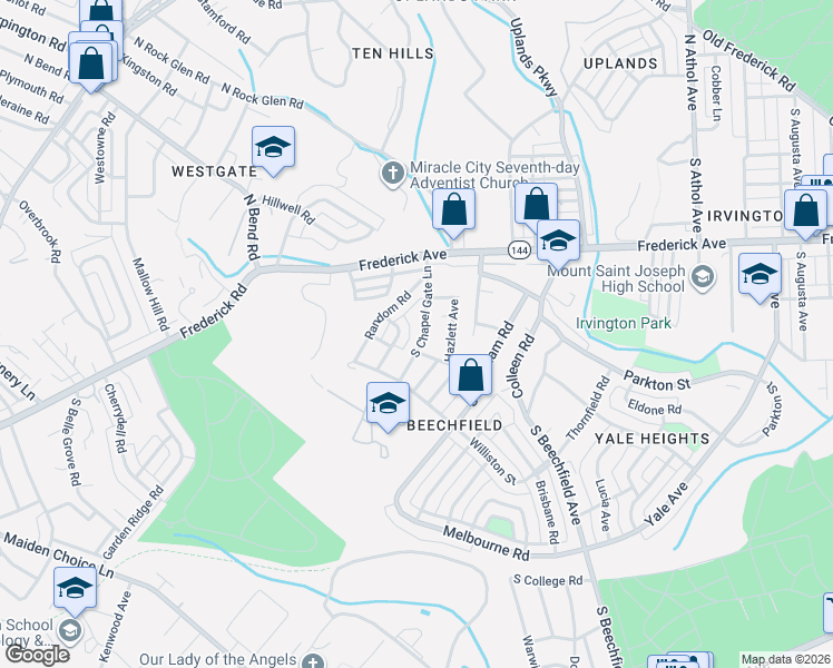 map of restaurants, bars, coffee shops, grocery stores, and more near 428 South Chapel Gate Lane in Baltimore