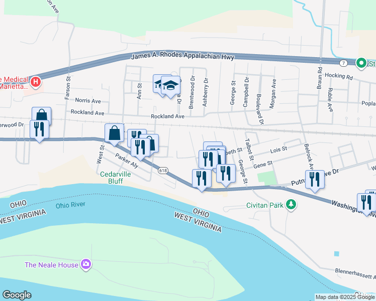 map of restaurants, bars, coffee shops, grocery stores, and more near 729 Sycamore Street in Belpre