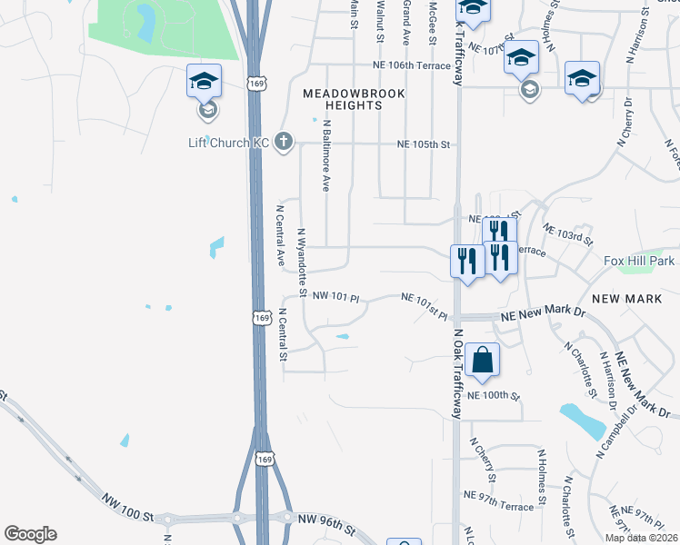 map of restaurants, bars, coffee shops, grocery stores, and more near 25 Northwest 102 Street in Kansas City