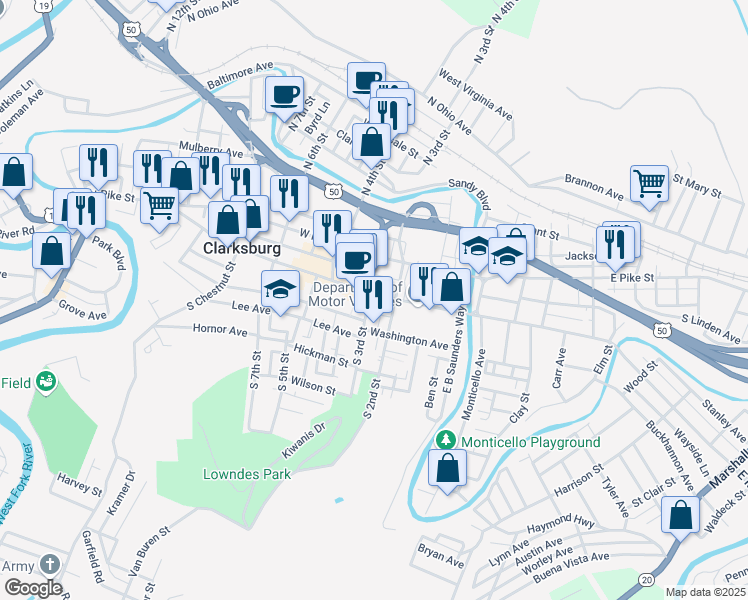 map of restaurants, bars, coffee shops, grocery stores, and more near 217 West Main Street in Clarksburg