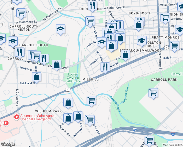 map of restaurants, bars, coffee shops, grocery stores, and more near 2692 Saint Benedict Street in Baltimore