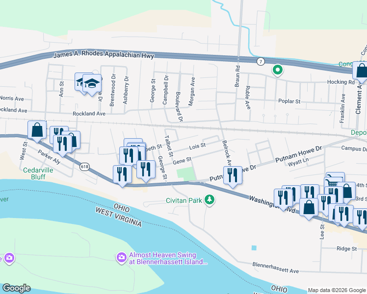 map of restaurants, bars, coffee shops, grocery stores, and more near 1590 Lois Street in Belpre