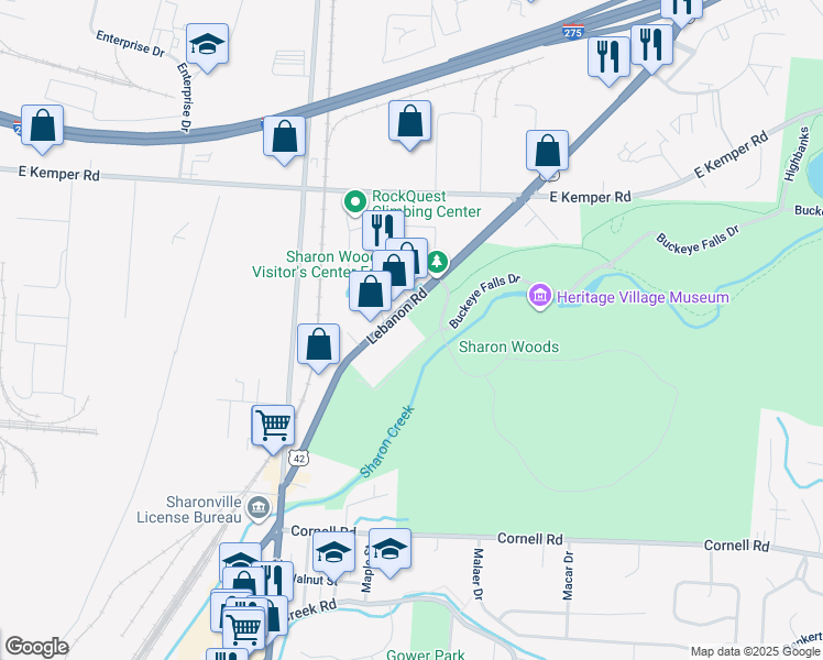 map of restaurants, bars, coffee shops, grocery stores, and more near 11438 Lebanon Road in Sharonville