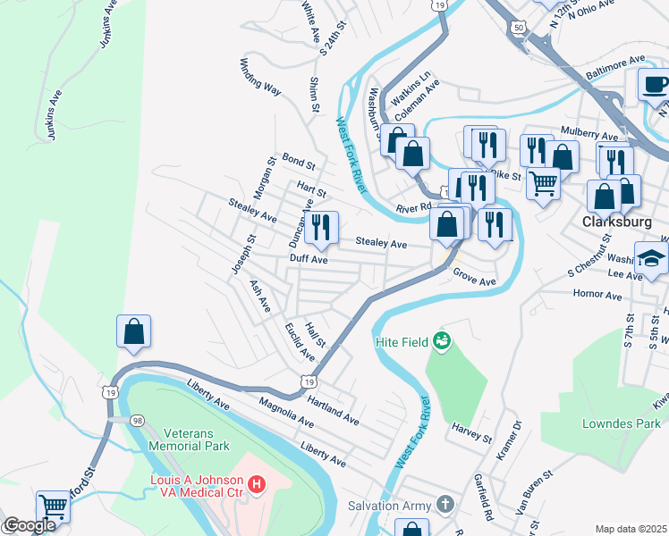 map of restaurants, bars, coffee shops, grocery stores, and more near 435 Duff Avenue in Clarksburg