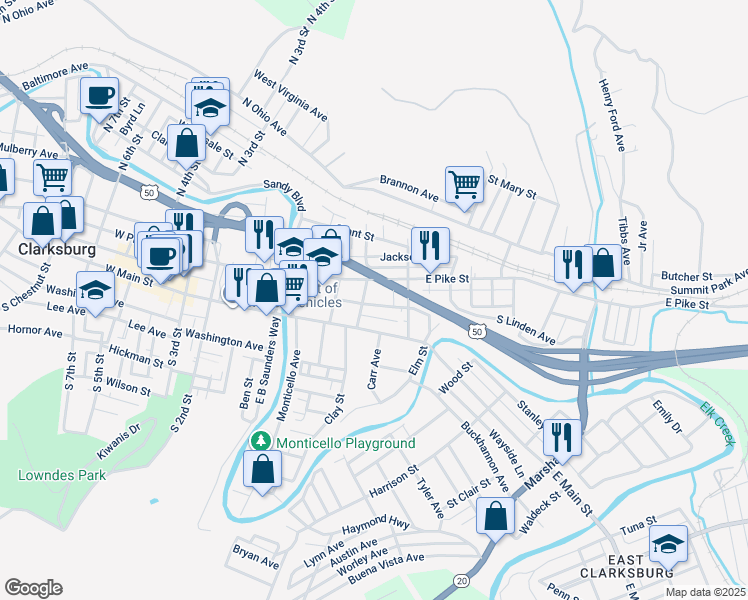 map of restaurants, bars, coffee shops, grocery stores, and more near 212 Meigs Avenue in Clarksburg