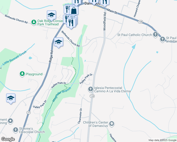 map of restaurants, bars, coffee shops, grocery stores, and more near 25713 Valley Park Terrace in Damascus