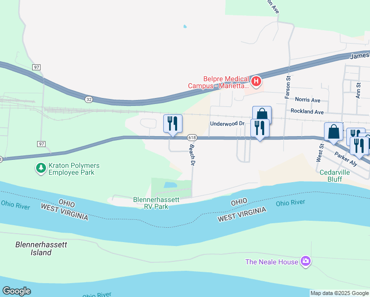 map of restaurants, bars, coffee shops, grocery stores, and more near 2804 Frame Drive in Belpre