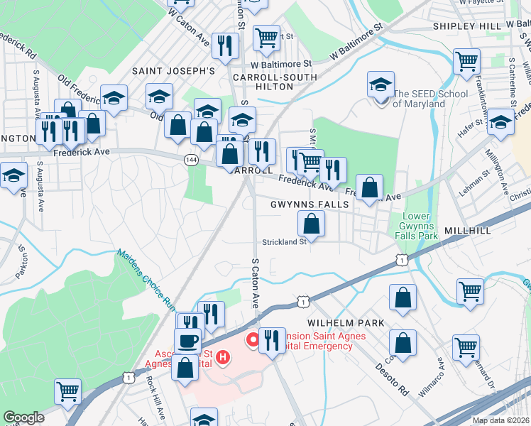 map of restaurants, bars, coffee shops, grocery stores, and more near 3240 Kingsley Street in Baltimore