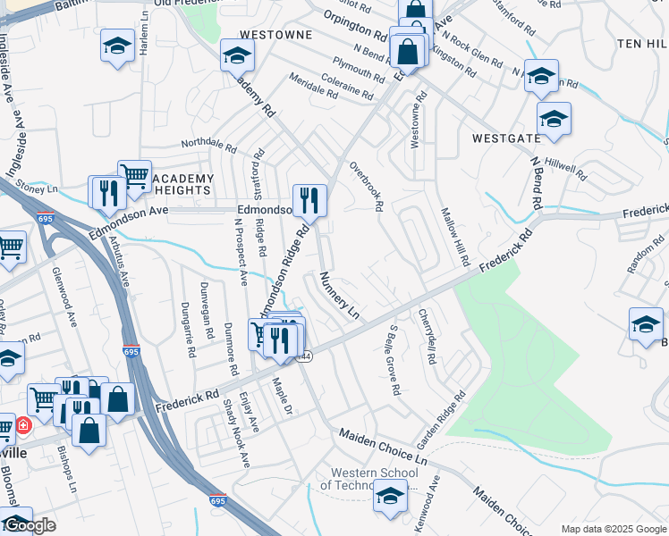 map of restaurants, bars, coffee shops, grocery stores, and more near 111 Nunnery Lane in Catonsville