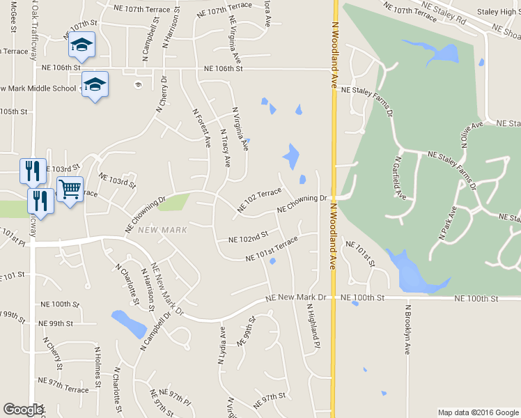 map of restaurants, bars, coffee shops, grocery stores, and more near 1600 Northeast Chowning Drive in Kansas City