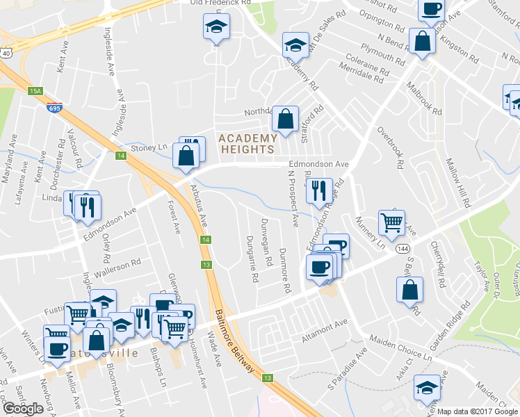 map of restaurants, bars, coffee shops, grocery stores, and more near 6610 Kilmarnoch Drive in Catonsville