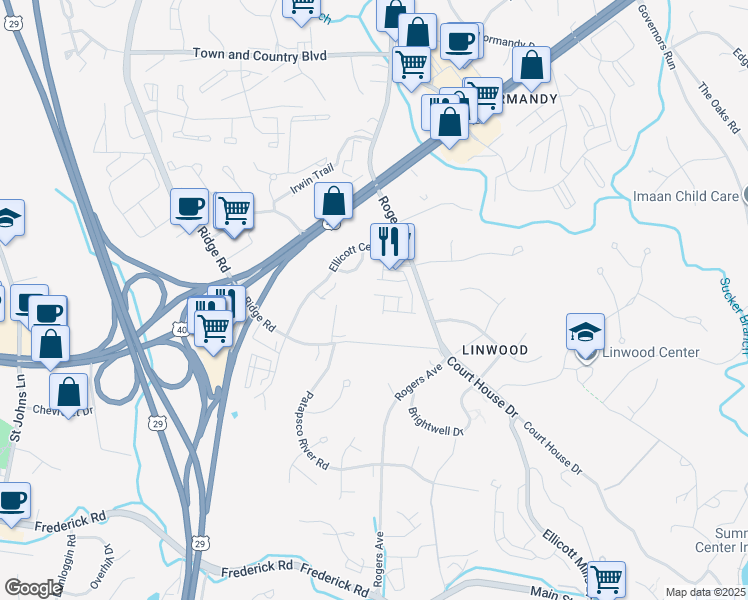 map of restaurants, bars, coffee shops, grocery stores, and more near 3139 Priscillas View in Ellicott City