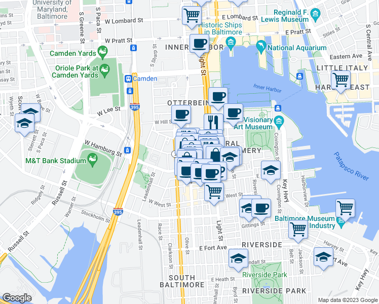 map of restaurants, bars, coffee shops, grocery stores, and more near South Charles Street & East Henrietta Street in Baltimore