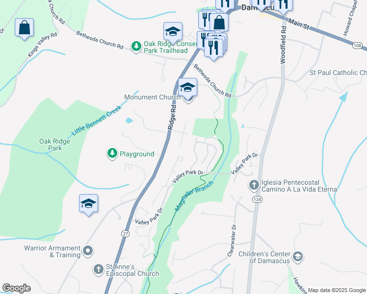 map of restaurants, bars, coffee shops, grocery stores, and more near 25701 Wright Road in Damascus