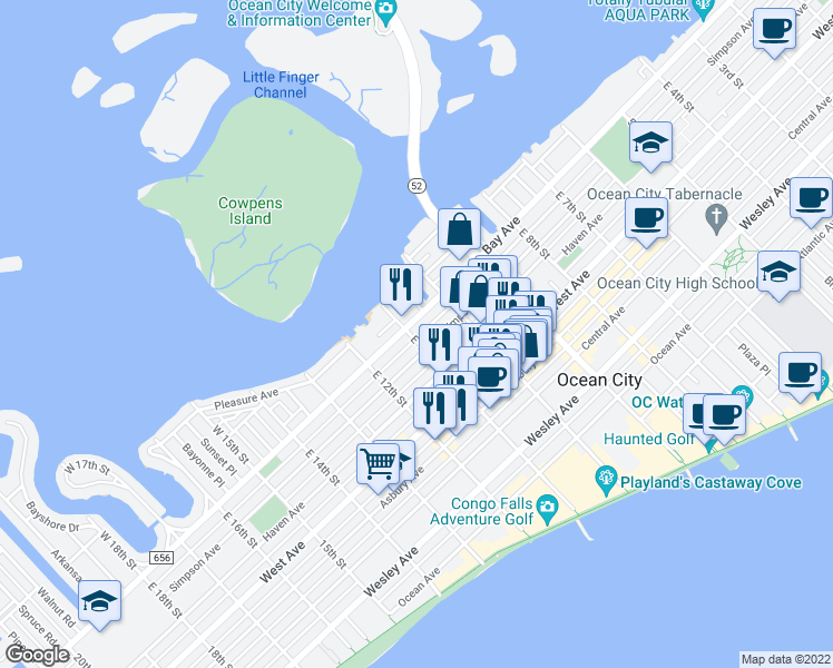 map of restaurants, bars, coffee shops, grocery stores, and more near 7 East 11th Street in Ocean City