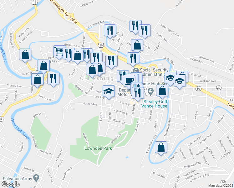 map of restaurants, bars, coffee shops, grocery stores, and more near 120 South 5th Street in Clarksburg