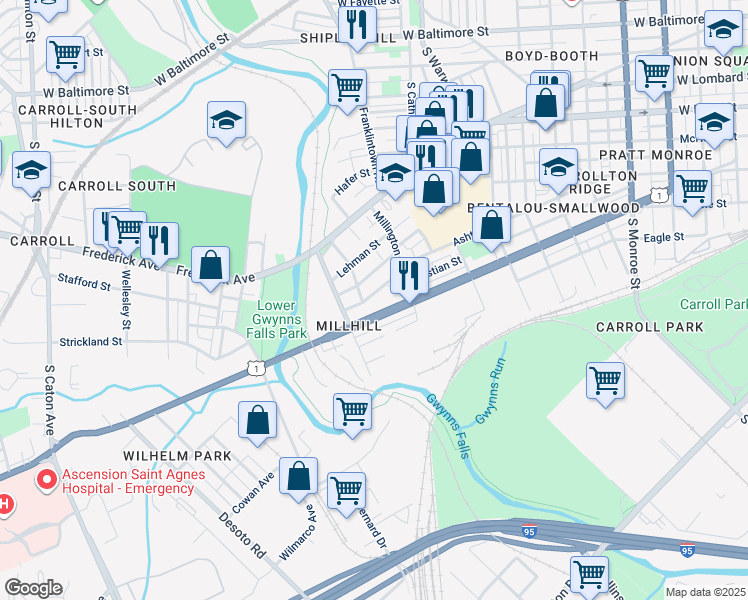 map of restaurants, bars, coffee shops, grocery stores, and more near 2655 Saint Benedict Street in Baltimore