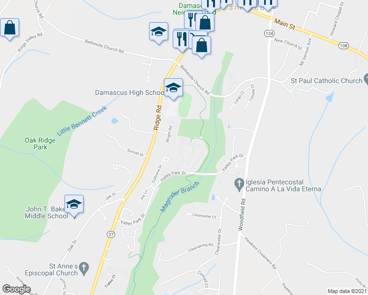 map of restaurants, bars, coffee shops, grocery stores, and more near 10144 Shelldrake Circle in Damascus