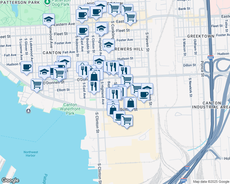 map of restaurants, bars, coffee shops, grocery stores, and more near 1200 South Conkling Street in Baltimore