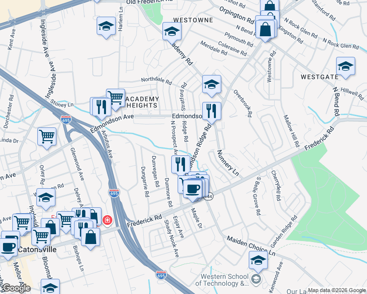 map of restaurants, bars, coffee shops, grocery stores, and more near 24 Ridge Road in Baltimore