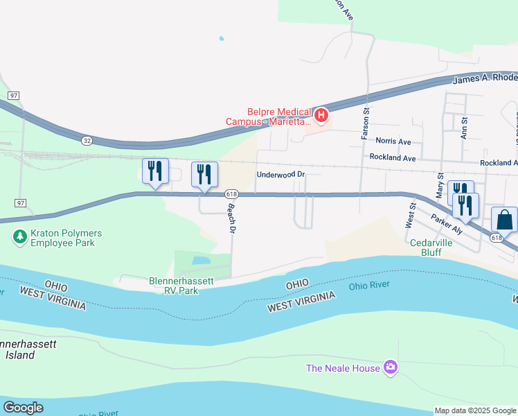 map of restaurants, bars, coffee shops, grocery stores, and more near 2733 Washington Boulevard in Belpre
