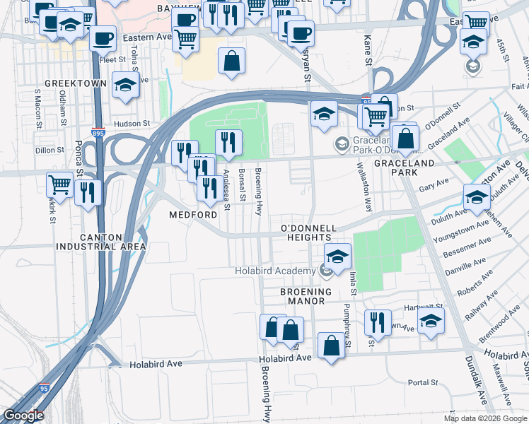 map of restaurants, bars, coffee shops, grocery stores, and more near 1315 Broening Highway in Baltimore