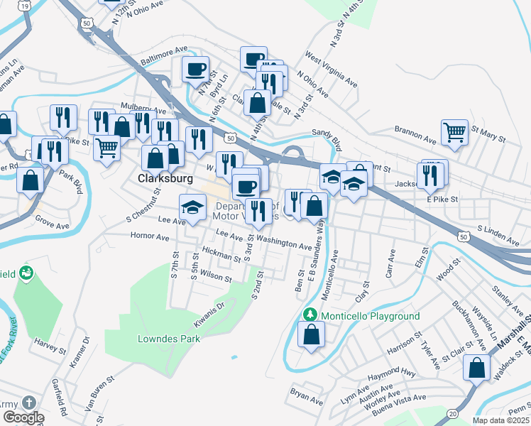 map of restaurants, bars, coffee shops, grocery stores, and more near 217 West Main Street in Clarksburg