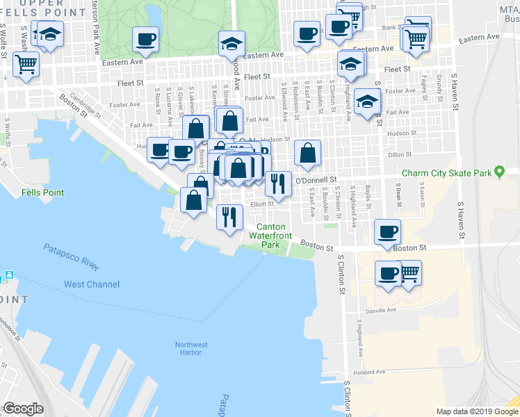 map of restaurants, bars, coffee shops, grocery stores, and more near 2907 Elliott Street in Baltimore