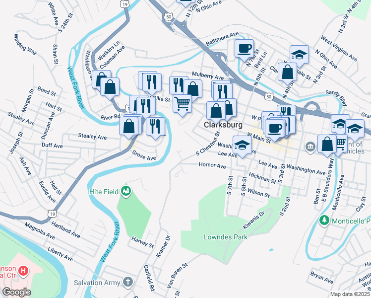 map of restaurants, bars, coffee shops, grocery stores, and more near 414 South Chestnut Street in Clarksburg
