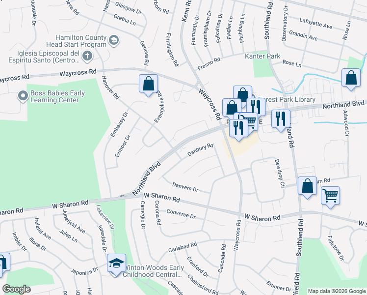 map of restaurants, bars, coffee shops, grocery stores, and more near 757 Northland Boulevard in Cincinnati