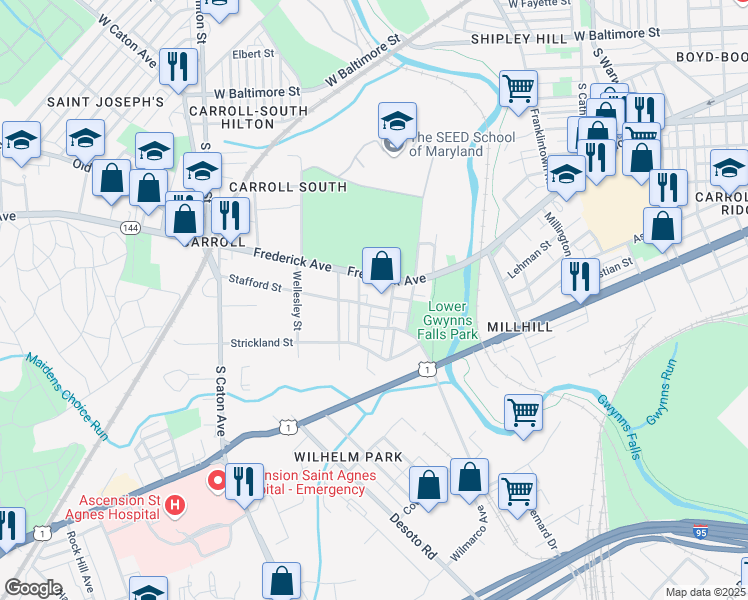 map of restaurants, bars, coffee shops, grocery stores, and more near 2912 Stafford Street in Baltimore