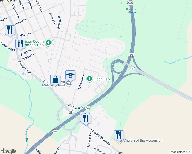 map of restaurants, bars, coffee shops, grocery stores, and more near 162 Dunlap Drive in Charles Town